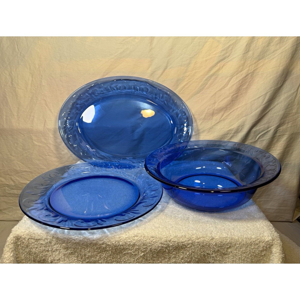 Vintage Cobalt Blue Glass Serving Set 3 Pc Oval Platter Bowl Plate Scroll Rim